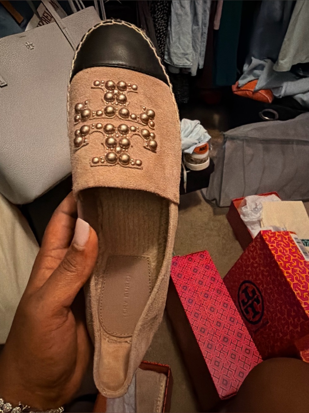 Tory Burch Blush Pink Suede Studded Espadrille Mule with Black Cap